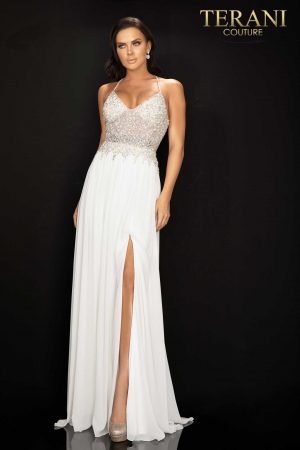 Pearl and crystal prom gown with high slit chiffon skirt – 2011P1051