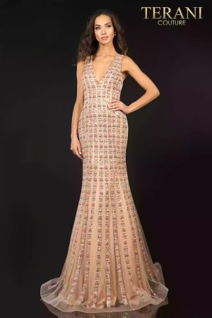 Figure hugging, mermaid, evening gown with linear beading – 2012P1285