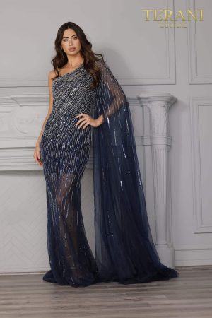 Navy One Shoulder Cape Sleeve Beaded Dress – 1922GL0649