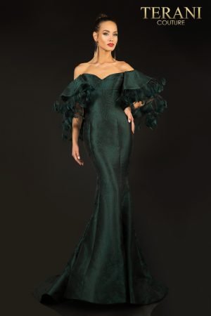 Evening Tonal Jacquard, Off Shoulder Feather Trim – 2021E2796