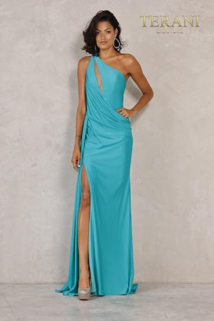 Terani Couture 2111P4031 One-Shoulder Lycra Column Dress with Slit