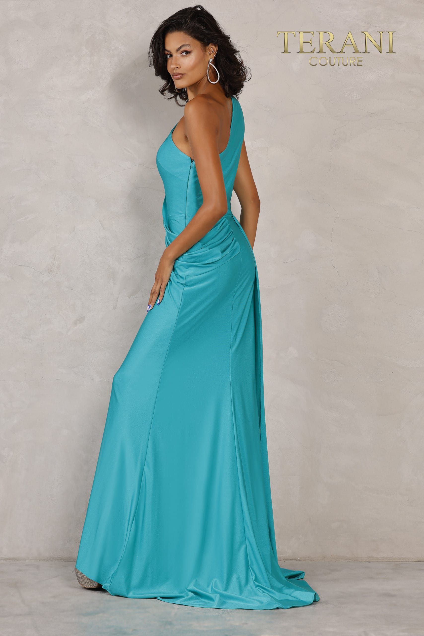 I Dress Cute Terani Couture 2111P4031 One-Shoulder Lycra Column Dress with Slit - Image 2