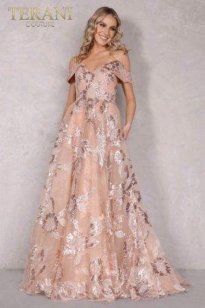 Terani Couture 2111P4104 Off-Shoulder Sweetheart-Neck Full-Length Dress