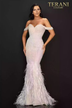 Sexy off shoulder pageant gown with pearls beading and feathered skirt-2011GL2175