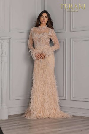 Terani High Neck Long Sleeve Dress With Feather 2214GL0108
