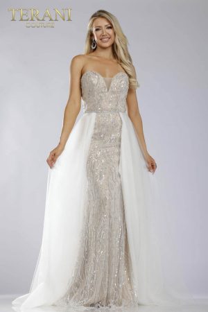 Terani Couture 231P0029 Strapless A-Line Lace Dress for Formal Wear