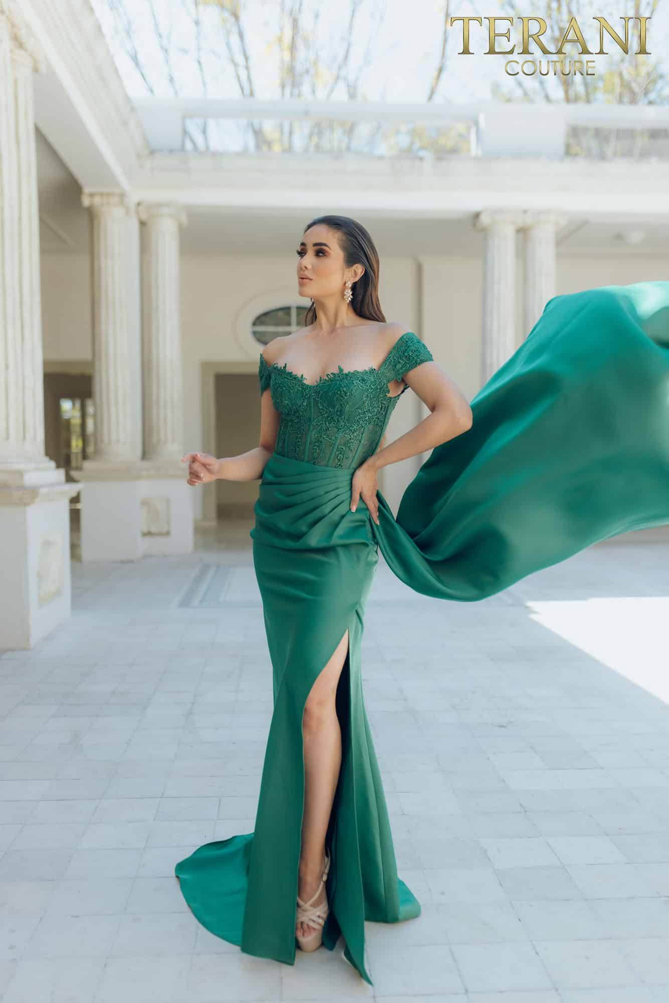 I Dress Cute Terani Couture 231P0061 Full-Length Off-Shoulder Neckline Fitted Gown - Image 3