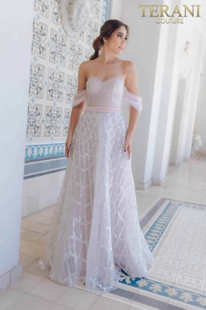 Terani Couture 231P0588 A-Line Gown in Tulle with Sheer Arm Sleeves