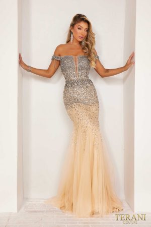 Terani Couture 241P2095 Off-Shoulder Full-Length Gown in Tulle, Formal