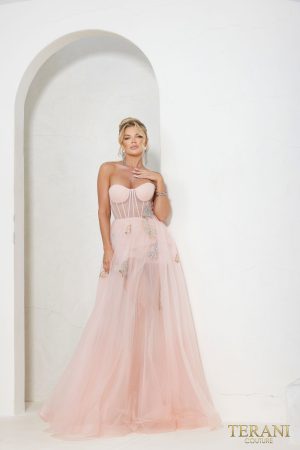 Terani Couture 241P2087 Full-Length Matte Satin Gown for Formal Wear