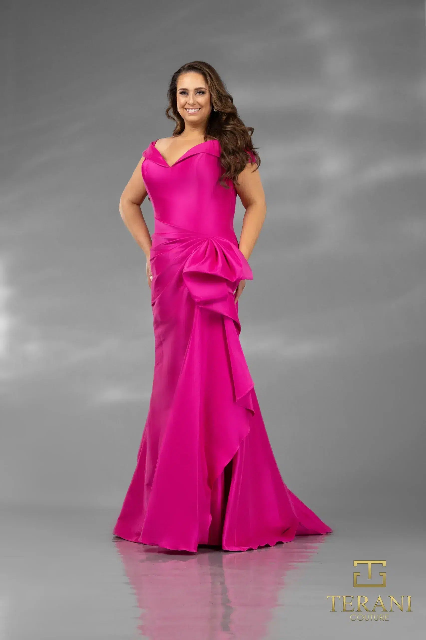 I Dress Cute Terani Couture 242M3335 Off-Shoulder Column Gown in Stretch Mikado - Image 3
