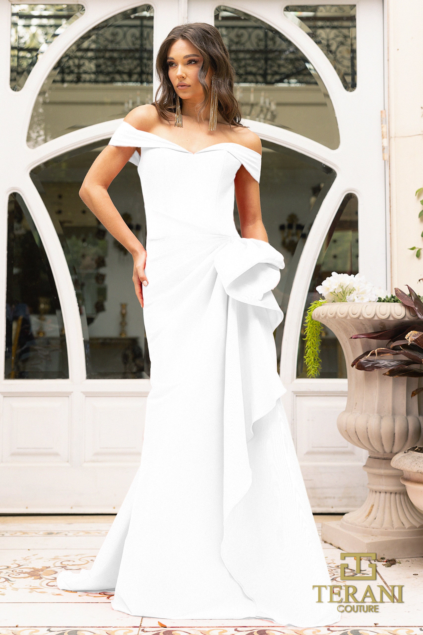 I Dress Cute Terani Couture 242M3335 Off-Shoulder Column Gown in Stretch Mikado