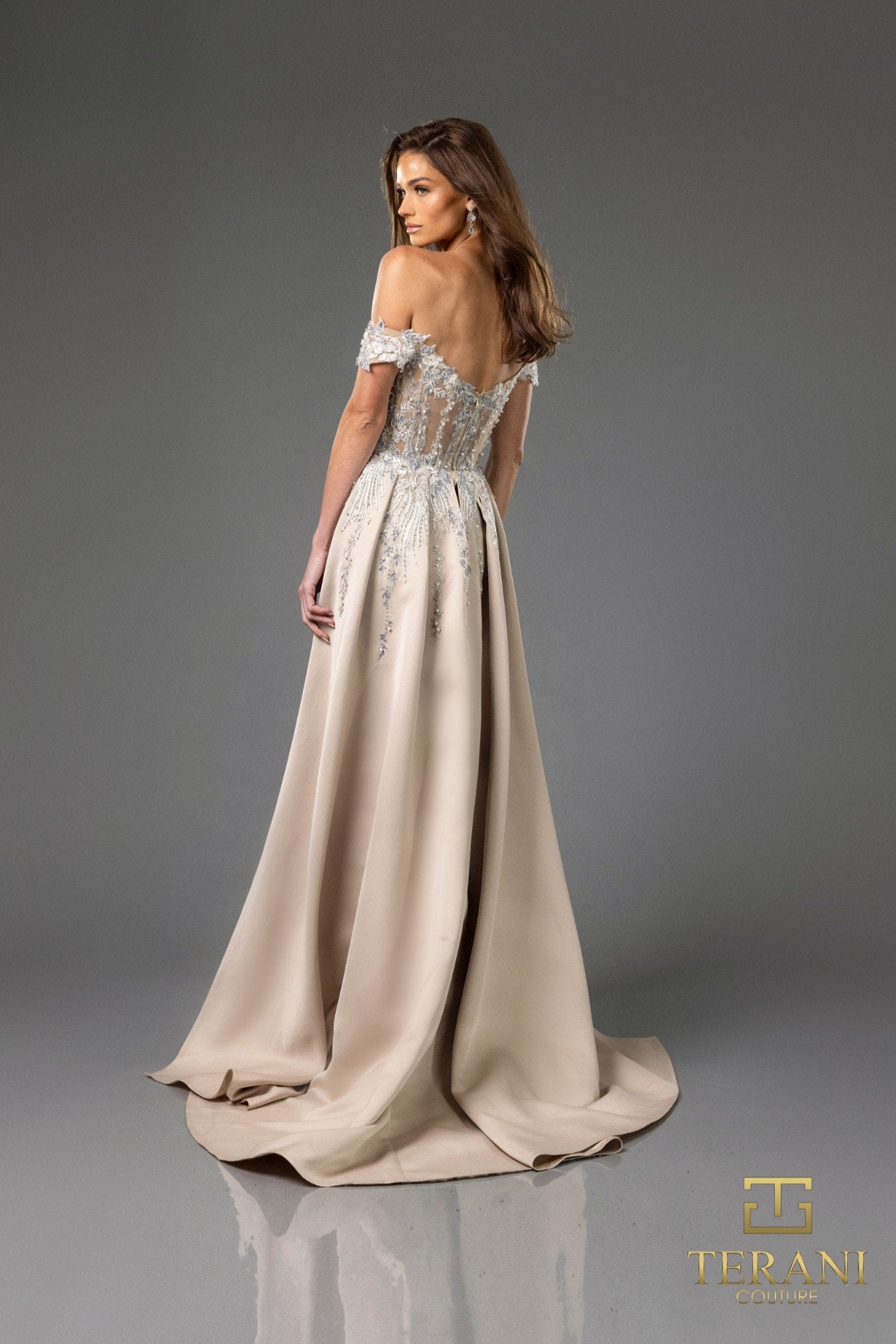 I Dress Cute Terani Couture 251E3233 Matte Satin Off-Shoulder A-Line Gown - Image 2