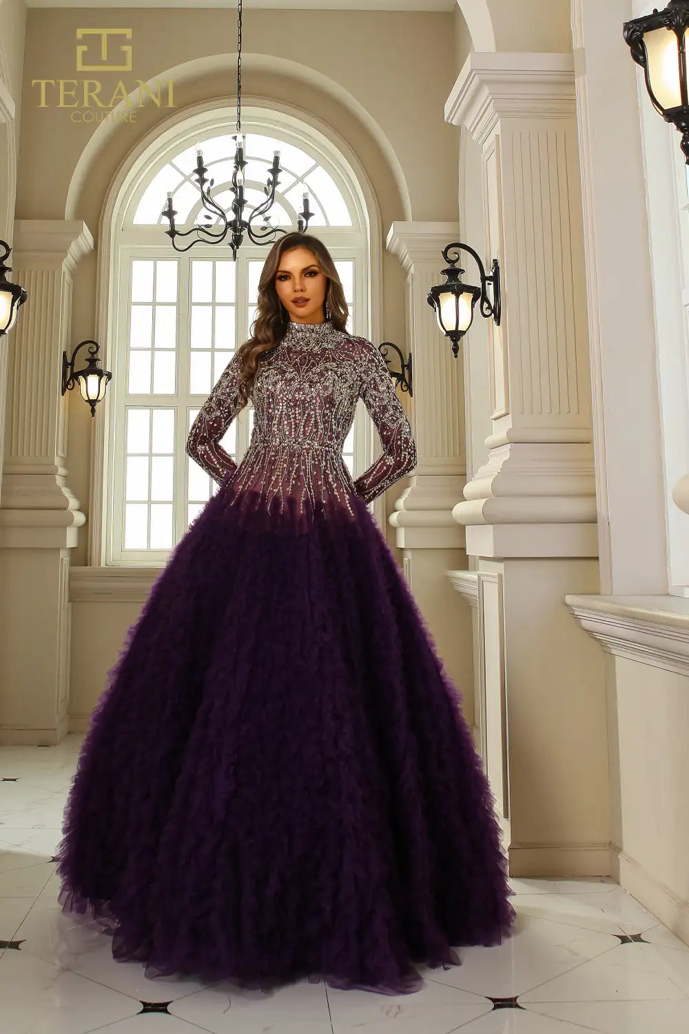 I Dress Cute Terani Couture 251GL4318 Amethyst Nude Beaded Tulle Full-Sleeve Ballgown