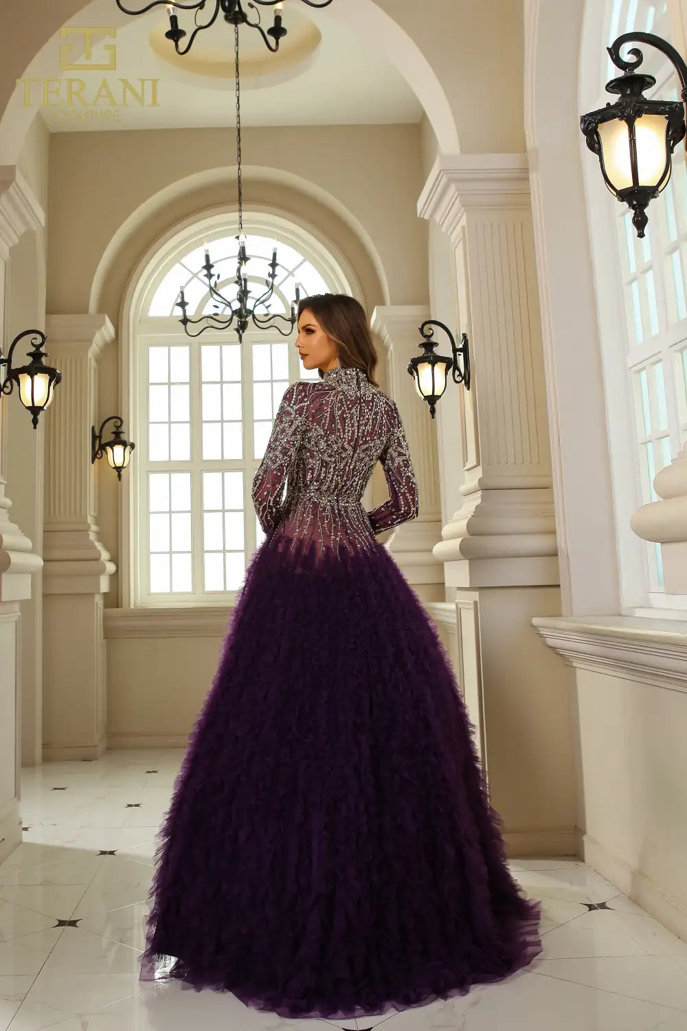 I Dress Cute Terani Couture 251GL4318 Amethyst Nude Beaded Tulle Full-Sleeve Ballgown - Image 3