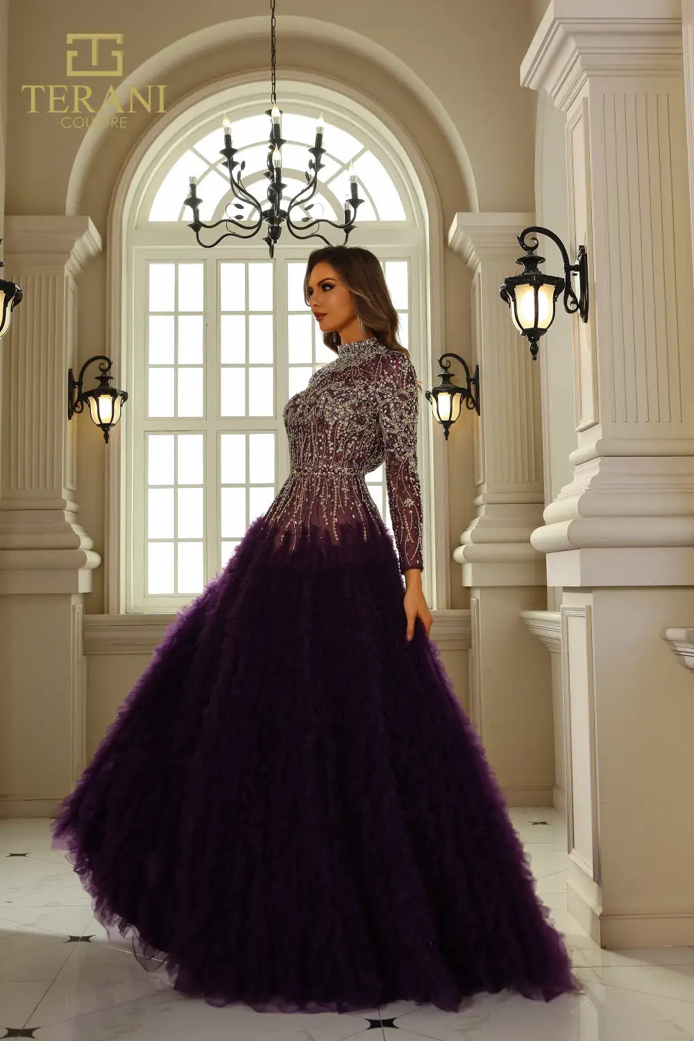 I Dress Cute Terani Couture 251GL4318 Amethyst Nude Beaded Tulle Full-Sleeve Ballgown - Image 2