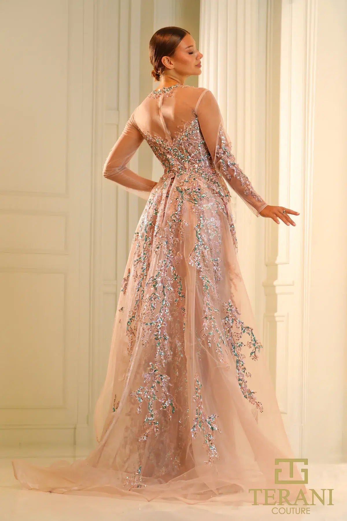 I Dress Cute Terani Couture 251M4412 Rose Beaded Tulle Full-Sleeve Formal Gown - Image 3