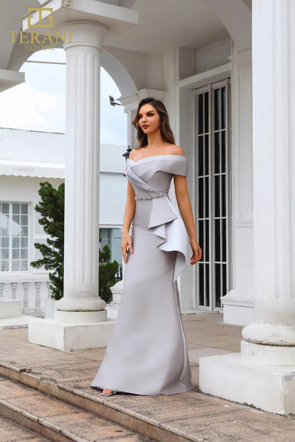 I Dress Cute Terani Couture 251M4452 Mikado Off-Shoulder Trumpet Gown in Champagne & Denim Blue - Image 2