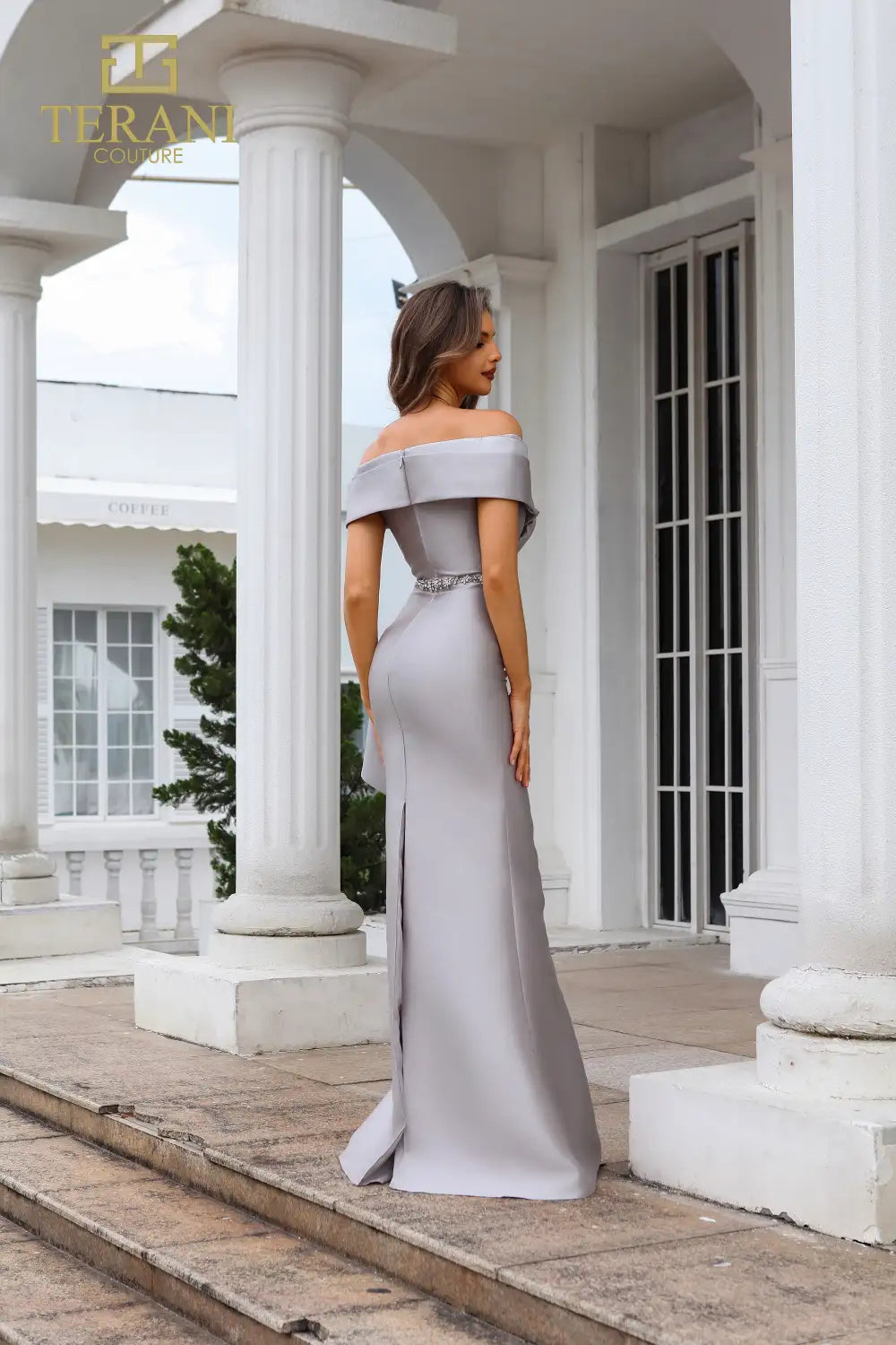 I Dress Cute Terani Couture 251M4452 Mikado Off-Shoulder Trumpet Gown in Champagne & Denim Blue - Image 3