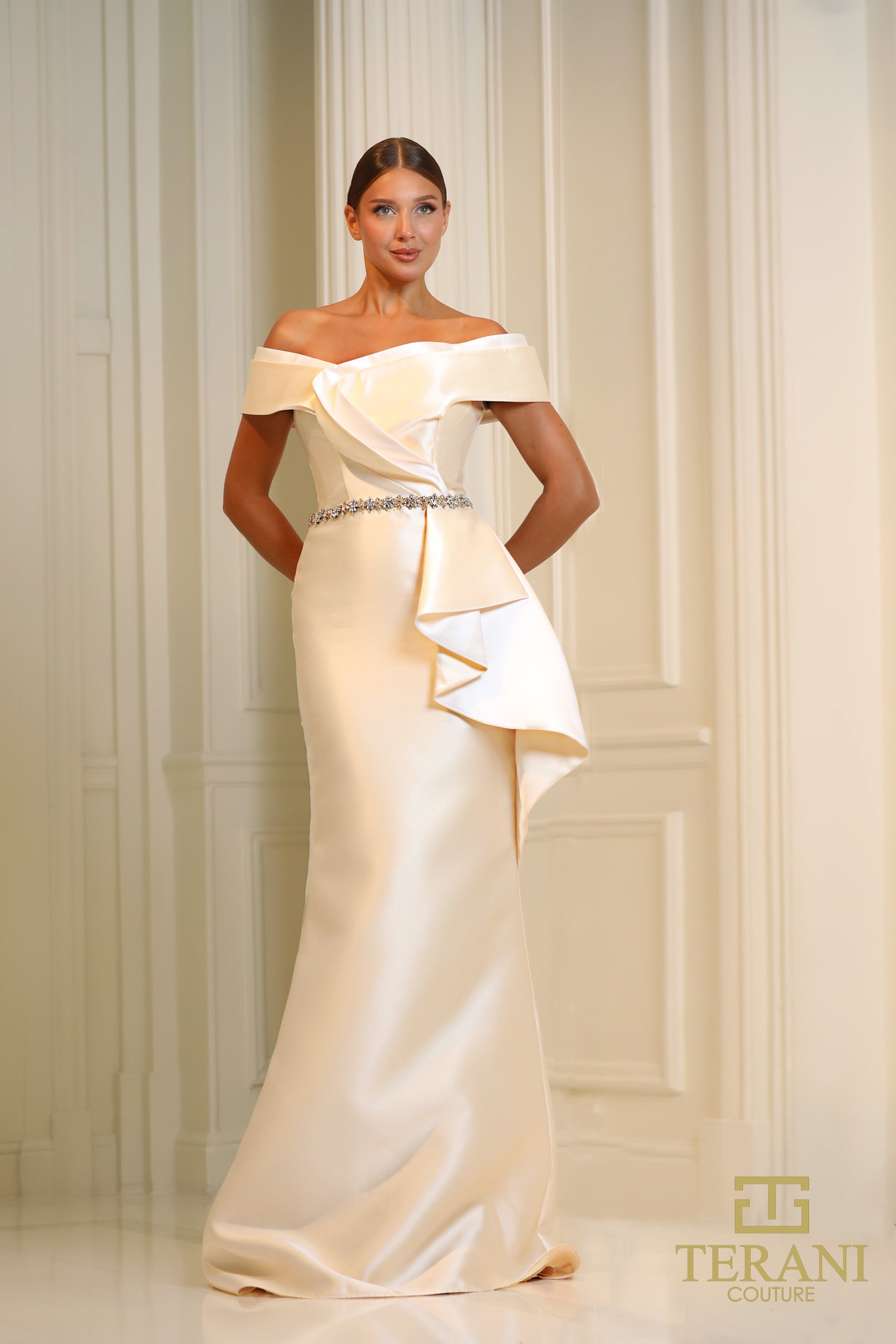 I Dress Cute Terani Couture 251M4452 Mikado Off-Shoulder Trumpet Gown in Champagne & Denim Blue