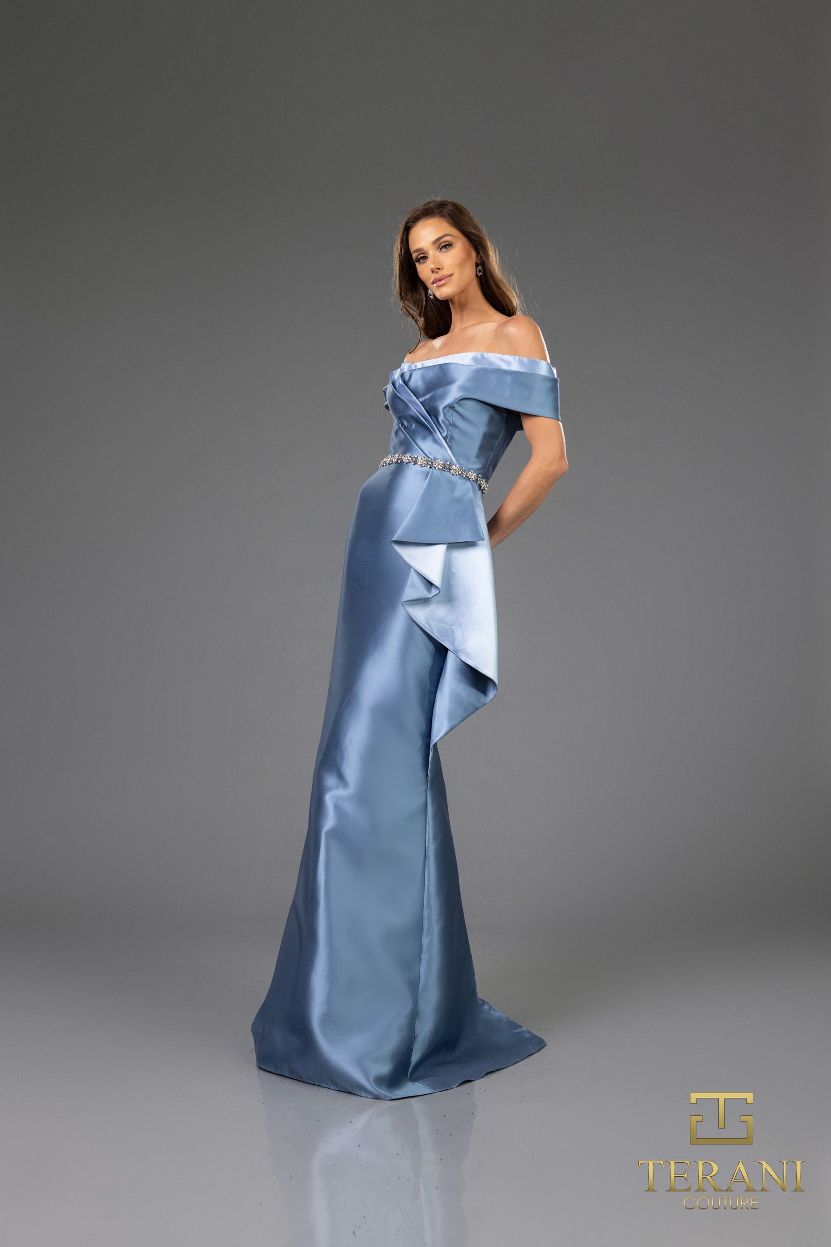 I Dress Cute Terani Couture 251M4452 Mikado Off-Shoulder Trumpet Gown in Champagne & Denim Blue - Image 5