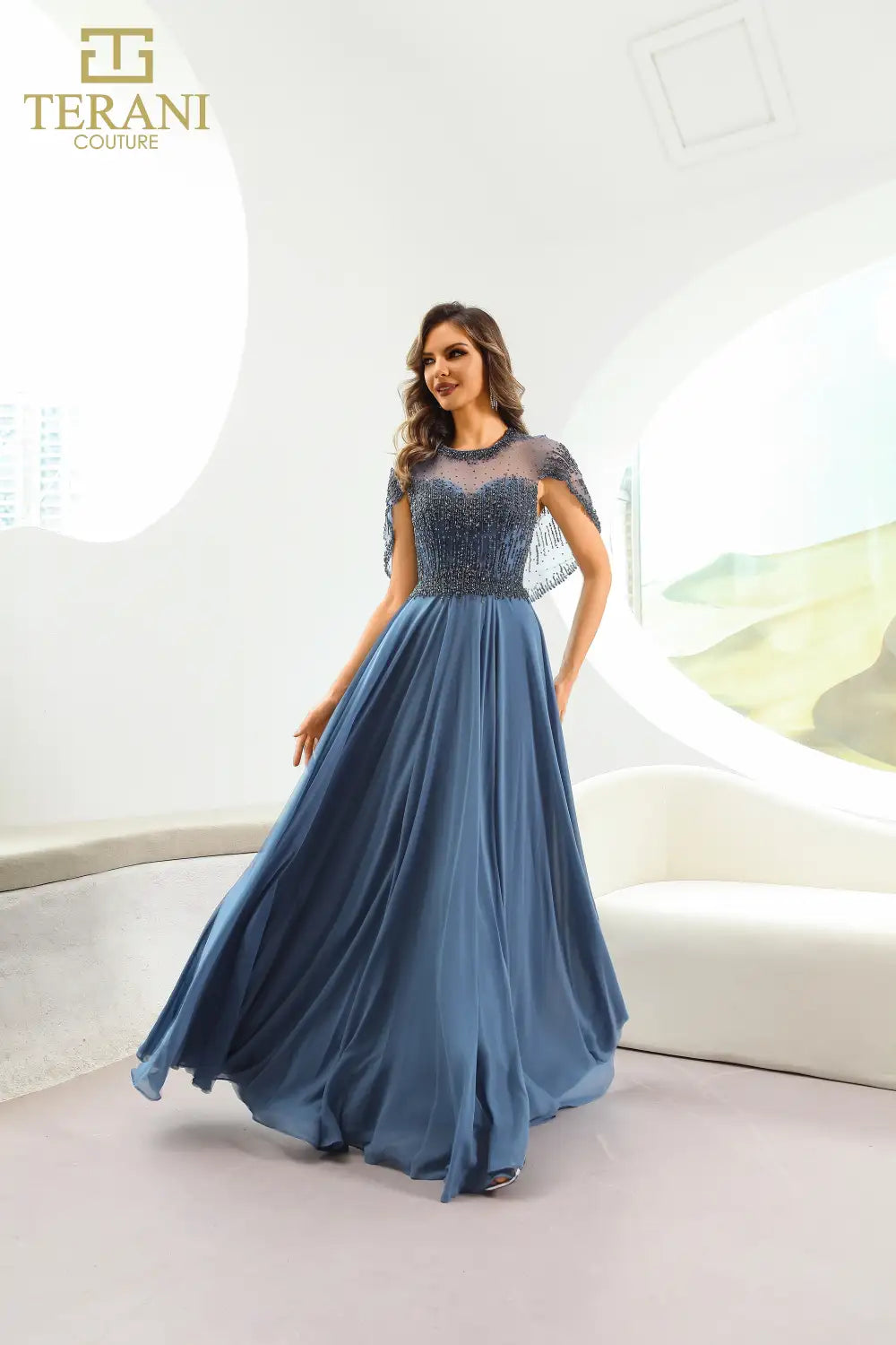 I Dress Cute Terani Couture 251M4563 Slate Chiffon Illusion Neck Cape Sleeve A-Line Gown - Image 2