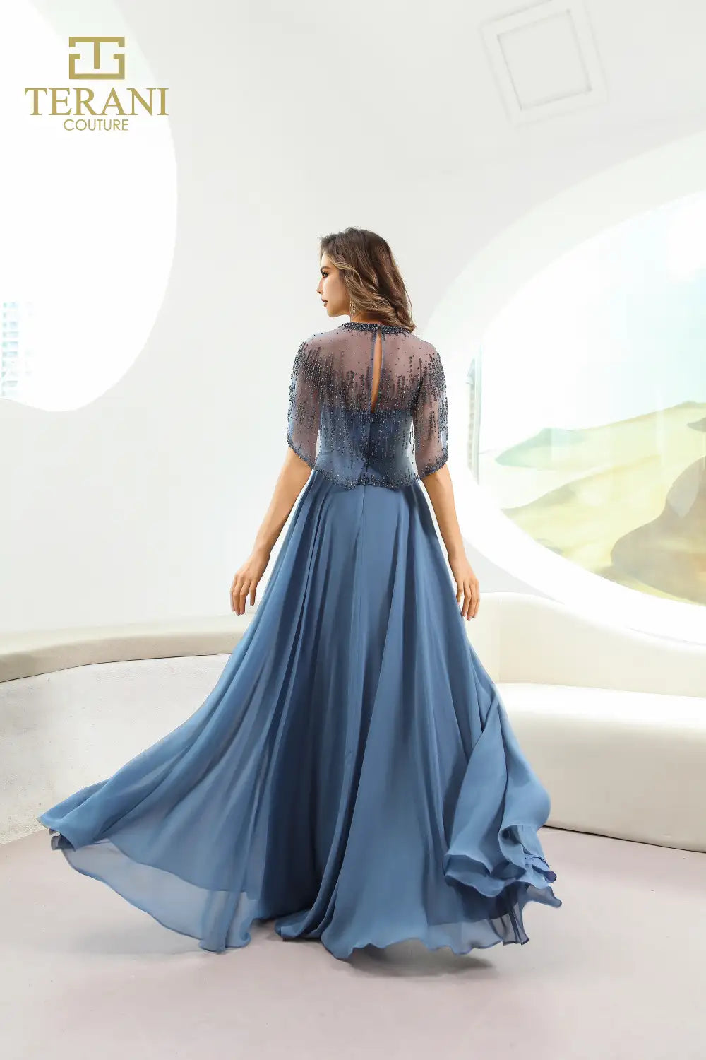 I Dress Cute Terani Couture 251M4563 Slate Chiffon Illusion Neck Cape Sleeve A-Line Gown - Image 3