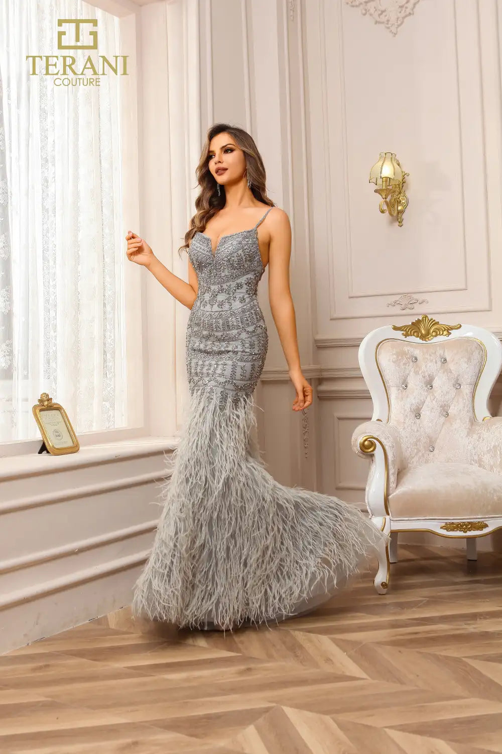 I Dress Cute Terani Couture 251GL4199 Silver Gunmetal Beaded Tulle Trumpet Gown - Image 2