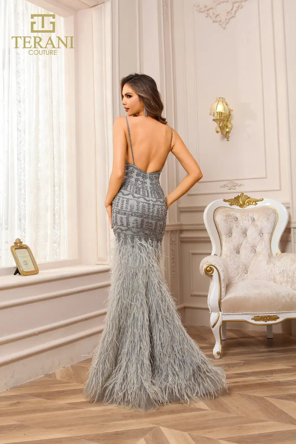 I Dress Cute Terani Couture 251GL4199 Silver Gunmetal Beaded Tulle Trumpet Gown - Image 3