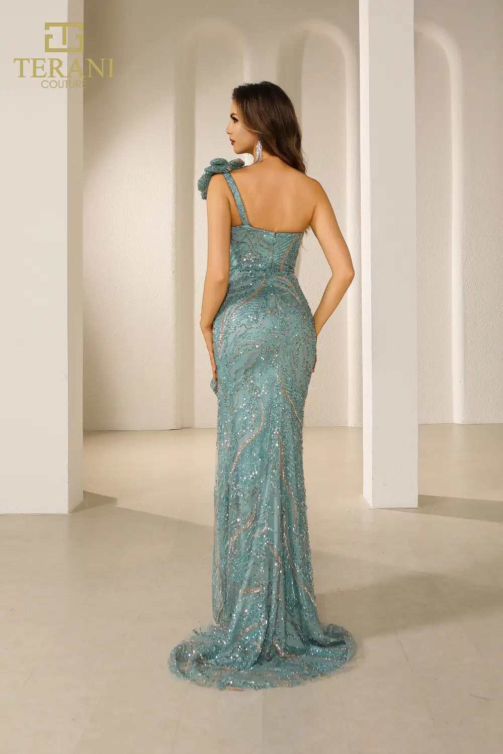 I Dress Cute Terani Couture 251GL4354 Tiffany Beaded Tulle Sweetheart Trumpet Gown with Slit - Image 3
