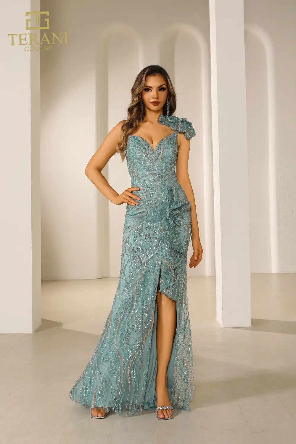 I Dress Cute Terani Couture 251GL4354 Tiffany Beaded Tulle Sweetheart Trumpet Gown with Slit