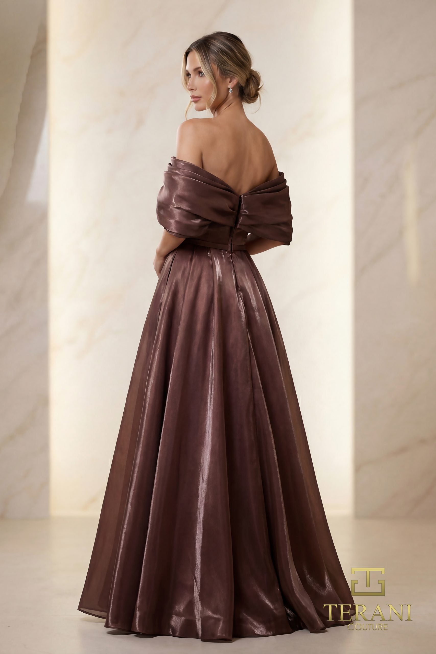 I Dress Cute Terani Couture 251M4044 Ivory Shimmer Organza Off-Shoulder A-Line Gown with Slit - Image 3