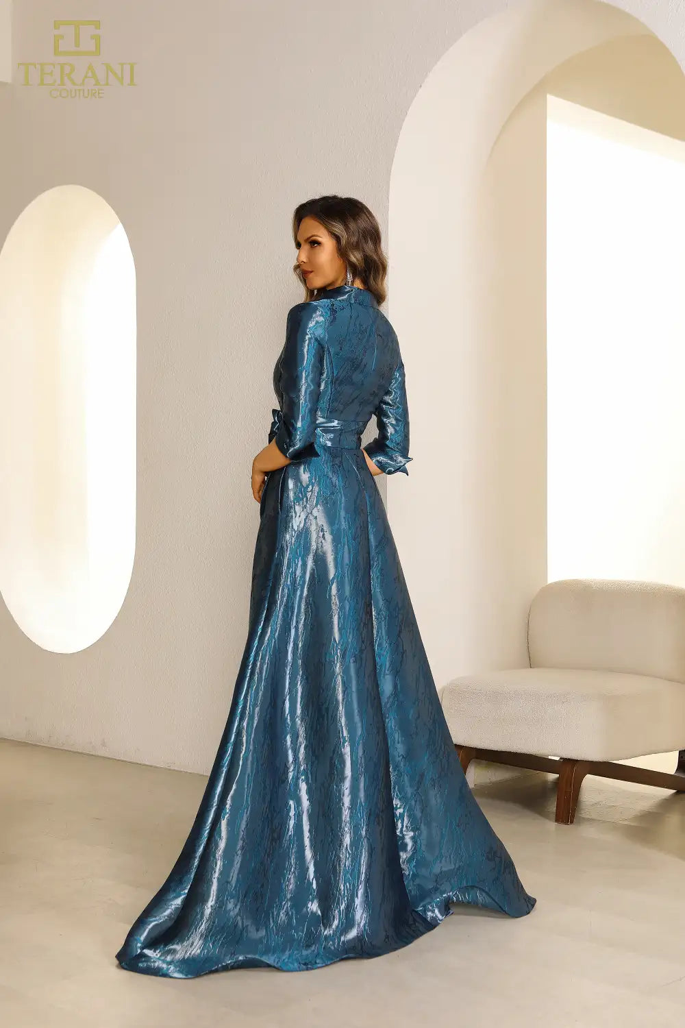 I Dress Cute Terani Couture 251M4462 Blue Shimmer Burnout A-Line Gown with Collar Neck & 3/4 Sleeves - Image 2