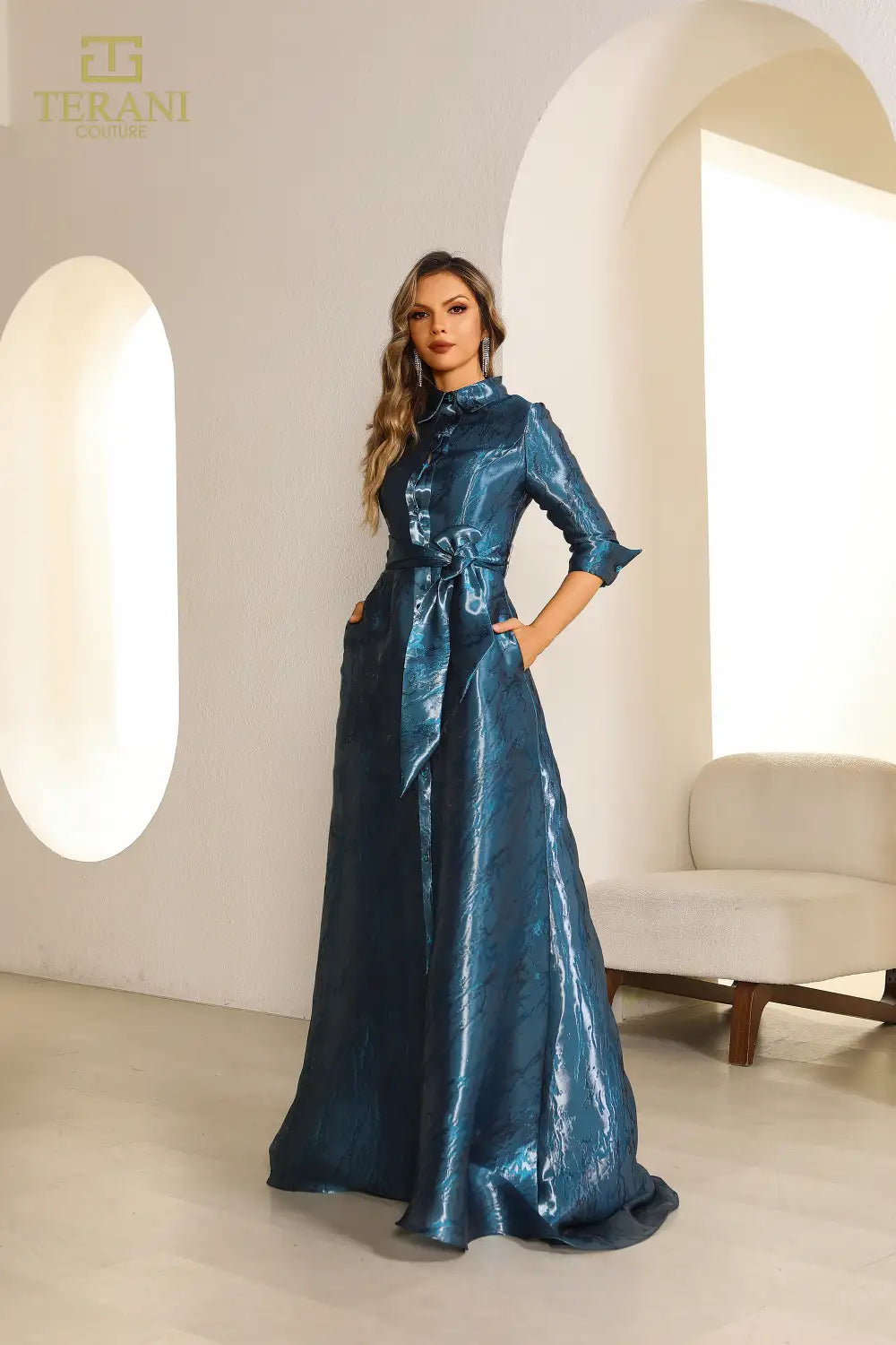 I Dress Cute Terani Couture 251M4462 Blue Shimmer Burnout A-Line Gown with Collar Neck & 3/4 Sleeves