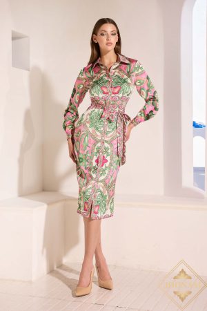 Terani Couture 251S4662 Full Sleeves Blue Round Neck Straight Printed Dress
