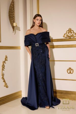 Terani Couture 252E5124 Fit and Flare Long With Overskirt Evening Dress
