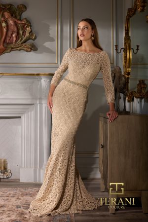 Terani Couture 252M5331 Metallic Lace Boat Neck Bodycon Gown