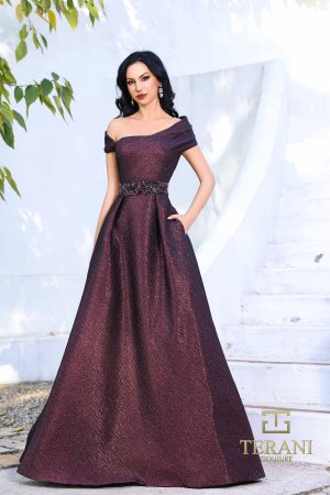 Terani Couture 252M5333 Ripple Jacquard Asymmetrical Ballgown