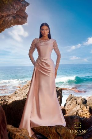 Terani Couture 252M5344 Illusion Neck Mikado Side Train Gown