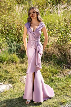 Terani Couture 252M5359 Stretch Mikado V-Neck Bodycon Gown