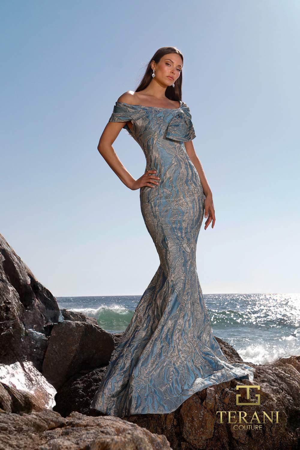 I Dress Cute Terani Couture 252M5520 Brocade Asymmetrical Neck Bodycon Gown - Image 2