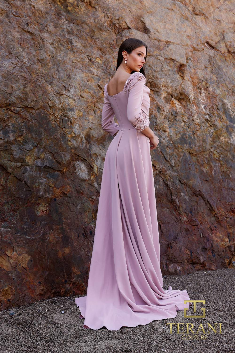 I Dress Cute Terani Couture 252M5338 Stretch Crepe Square Neck Train Gown - Image 2
