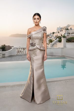 Terani Couture 261M6408 Mikado and Lace Sheath Gown