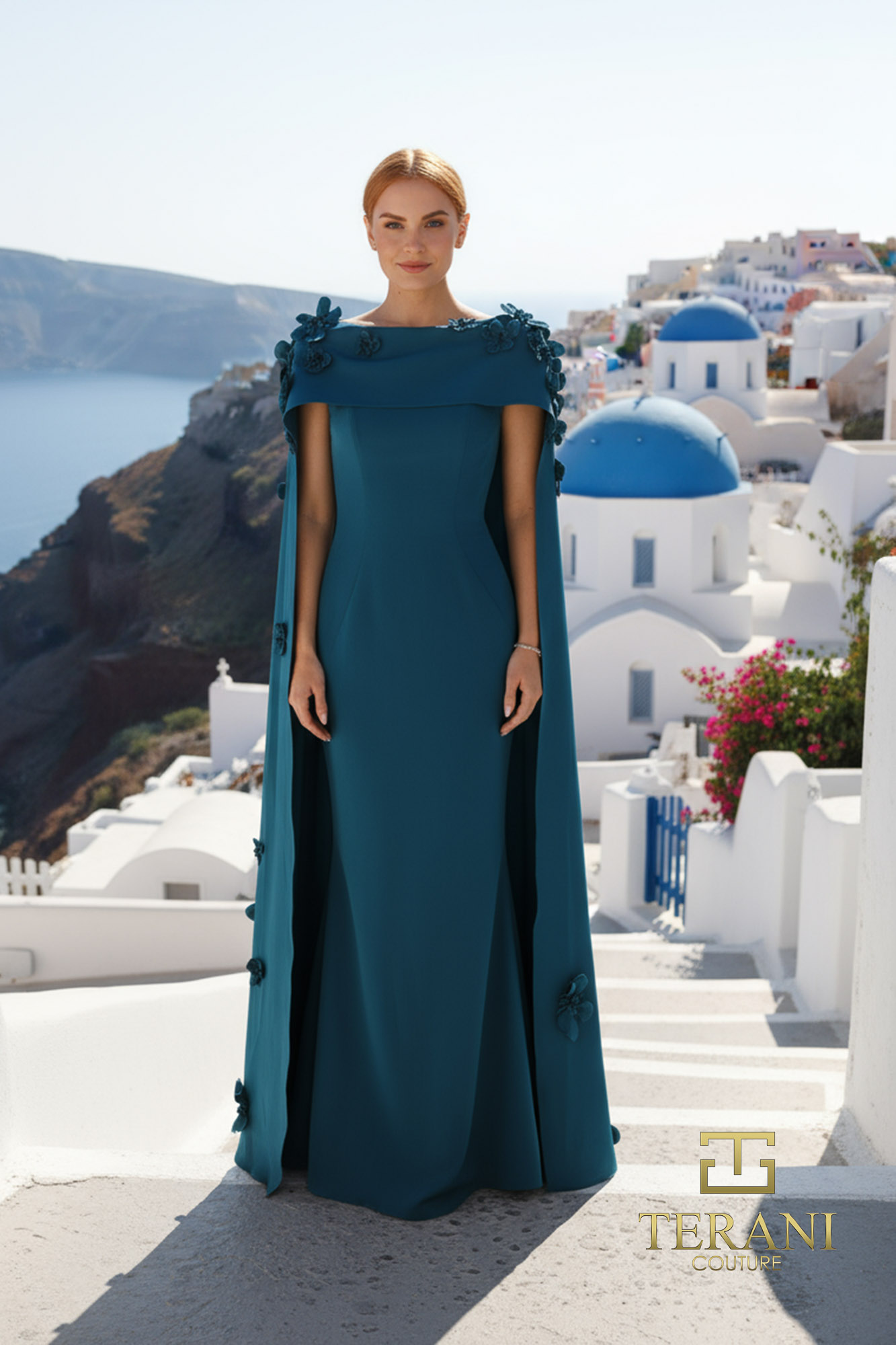 I Dress Cute Terani Couture 261M6687 Crepe Boat Neck Trumpet Gown with Cape Sleeves