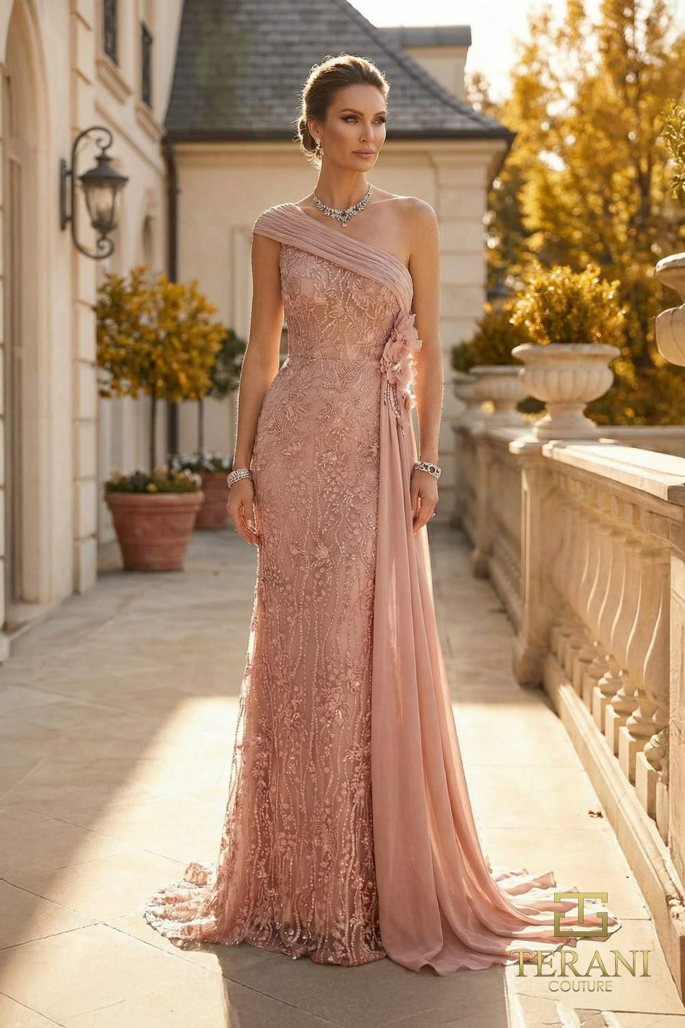 One-Shoulder Long Mother of the Bride Sheath Dress – 262M7308