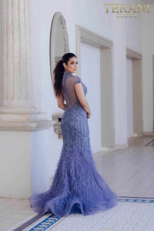Terani Couture 1721GL4446 Feathered High Neck Mermaid Gown
