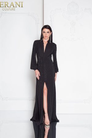Terani Couture 1812E6274 Long Sleeve Crystal Beaded Collar High Slit Gown