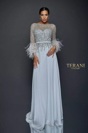 Terani Couture 1921M0473 Feather-Accented Sleeve Chiffon A-Line Gown