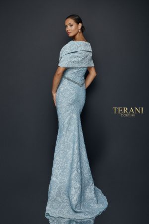 Terani Couture 1921M0726 Draped Off-Shoulder Stretch Jacquard A-Line Gown