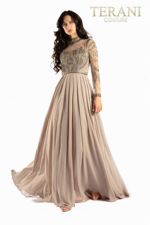 Terani Couture 2011M2126 Long Sleeve High Neck Beaded Chiffon Dress